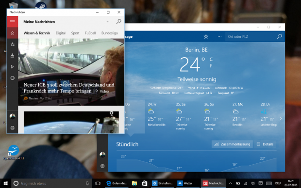 Dann werden auch Apps aus dem Windows Store als verschiebbare Fenster angezeigt. (Screenshot: Golem.de)